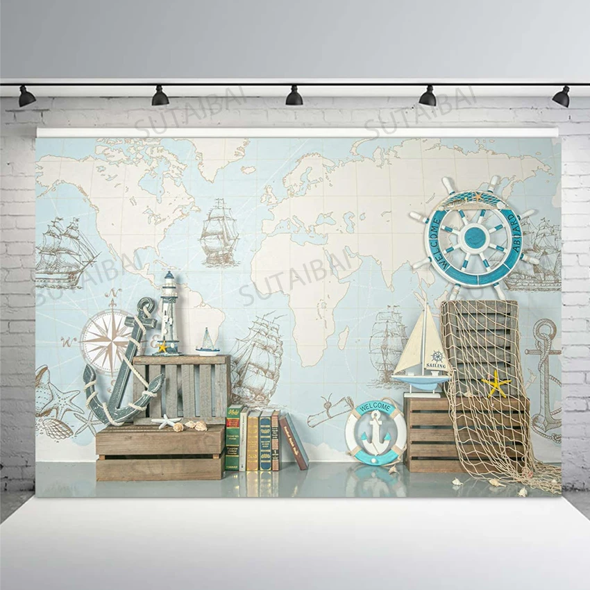 7x5ft Nautical Theme Photography Backdrops Summer Sea World Map Anchor Rudder Little Sailor  Birthday Party Photo Background