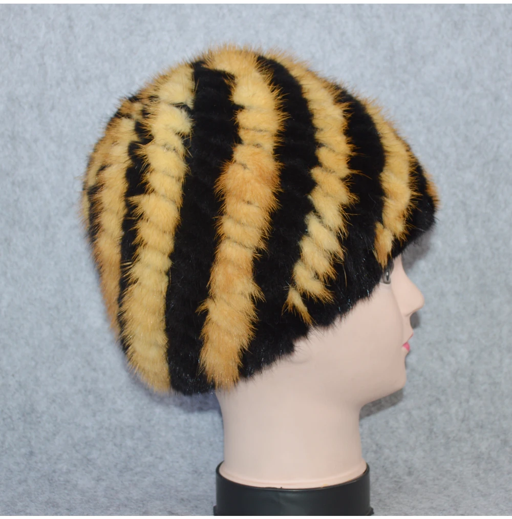 Cotton Lining Winter Lovely Real Mink Fur Hat Women Good Elastic Knitted Real Natural Mink Fur Beanies Caps Real Mink Fur Cap