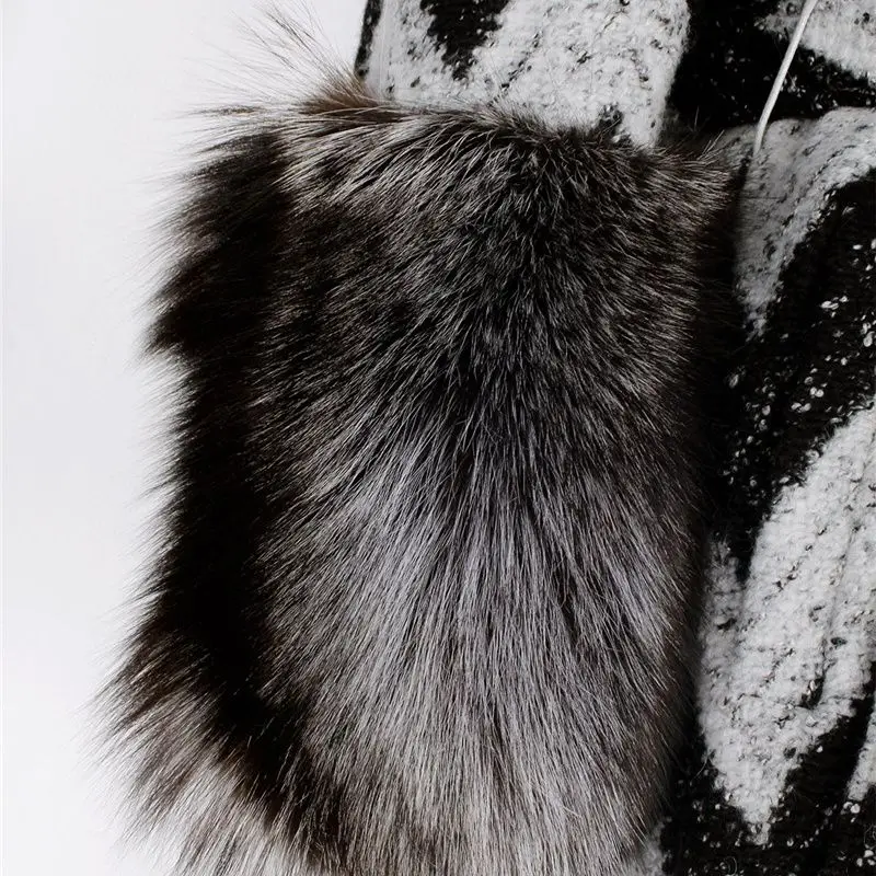 Autumn Winter Women's Real Large Fox Fur Collar And Cuffs Long Tweed Woolen Coat Fashion Warm Winter Jacket Women