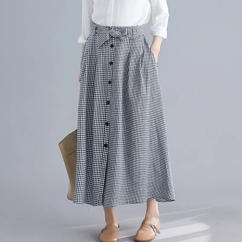 Женская длинная повседневная юбка с высокой талией винтажная клетчатая