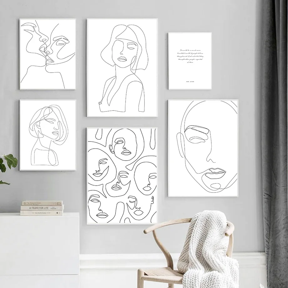 

Abstract Line Kiss Face Woman Black White Wall Art Canvas Painting Nordic Posters And Prints Wall Pictures For Living Room Decor