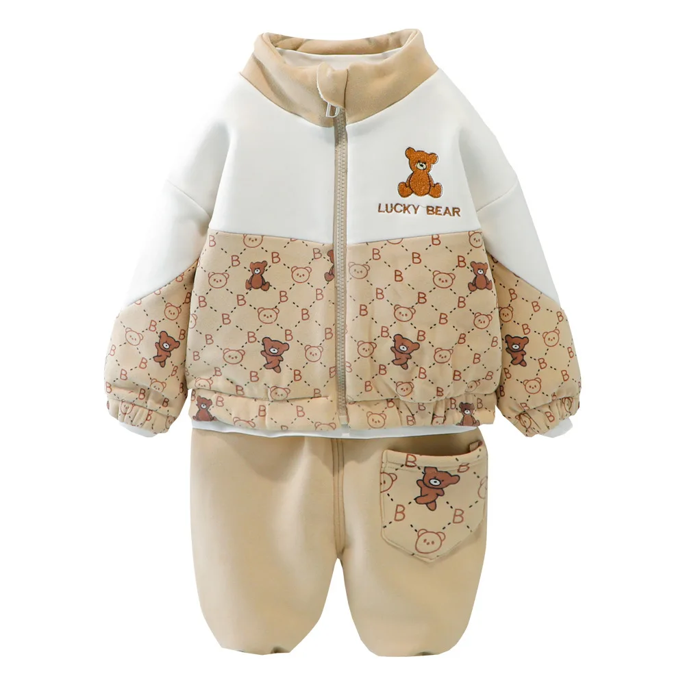 Traje grueso de invierno para ni&ntilde;os, nueva versi&oacute;n coreana, m&aacute;s blusa de terciopelo a juego, pantalones de beb&eacute;, traje de dos piezas-4