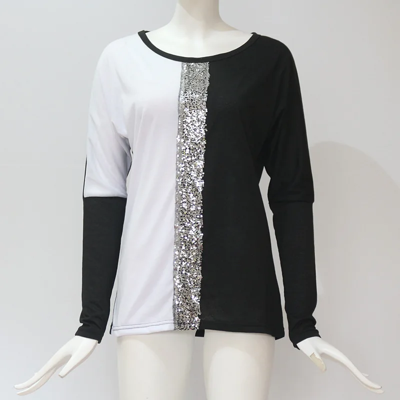 Блузка женская с блестками круглым вырезом и длинным рукавом | Женская одежда