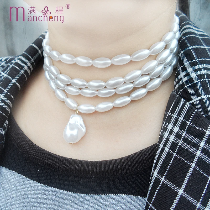 

4 Layered White Oval Imitation pearl Chokers necklaces for women Statement Chain stand choker Pearl necklace Geometric drop