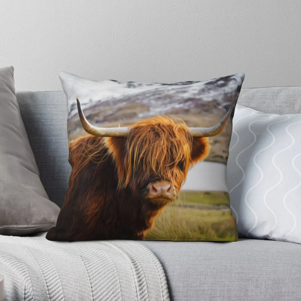 Highland Cow Square Pillowcase Polyester Linen Velvet Pattern Zip Decor Throw Pillow Case Sofa Seater Cushion Cover