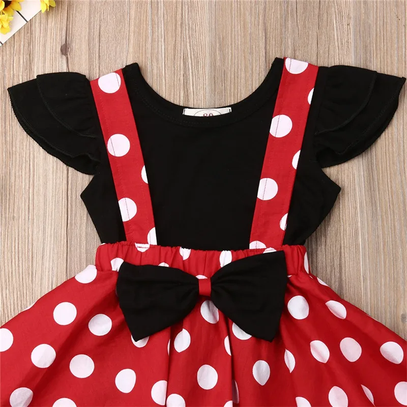 Conjunto de ropa para ni&ntilde;as peque&ntilde;as, camiseta sin mangas con volantes y lazo, falda con tirantes rojos, ropa de verano, 2 uds.-3