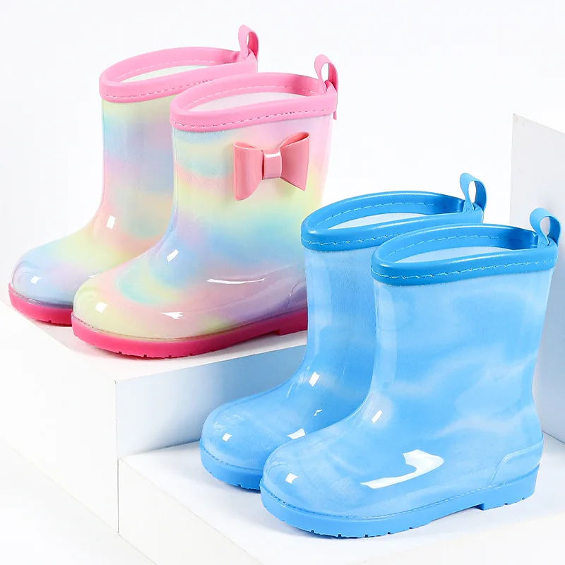 

Rain Boots Kids Summer Girls Rainbow Bowknot Waterproof Shoes Soft Non Slip Boys Rainboots Wearable Cute Children's Water Shoes