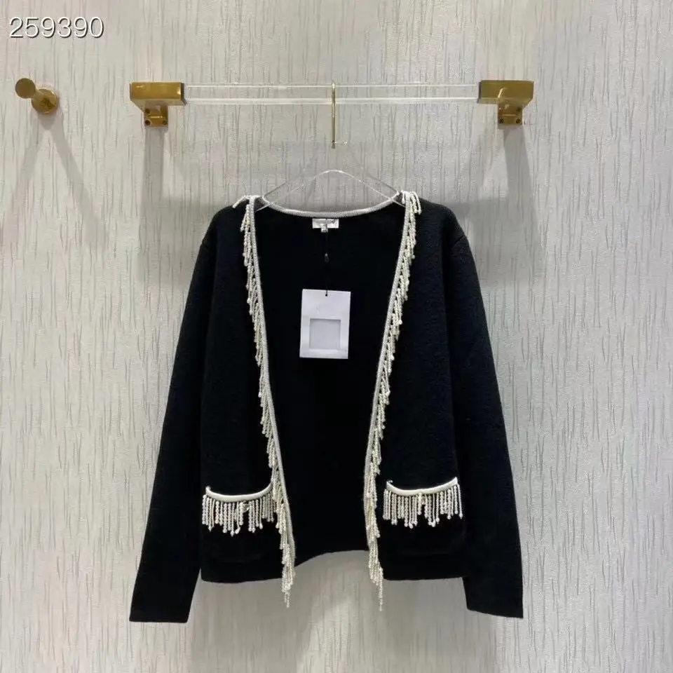 

2021 Winter Runway Vintage Cardigan Women Sweater Pearl Long Sleeve Knitted Black Long Sleeves Jumper