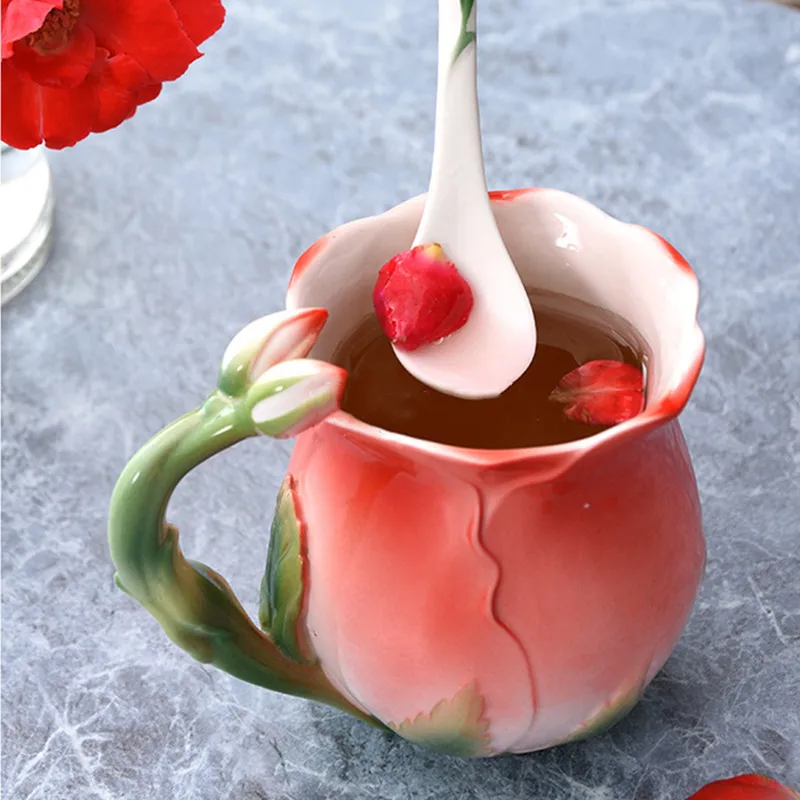 European Style Enamel Ceramic Coffee Mug Creative 3D Rose Flower Shape Teacups Pastoral 4 Colors Breakfast Milk Cups With Spoon | Дом и сад