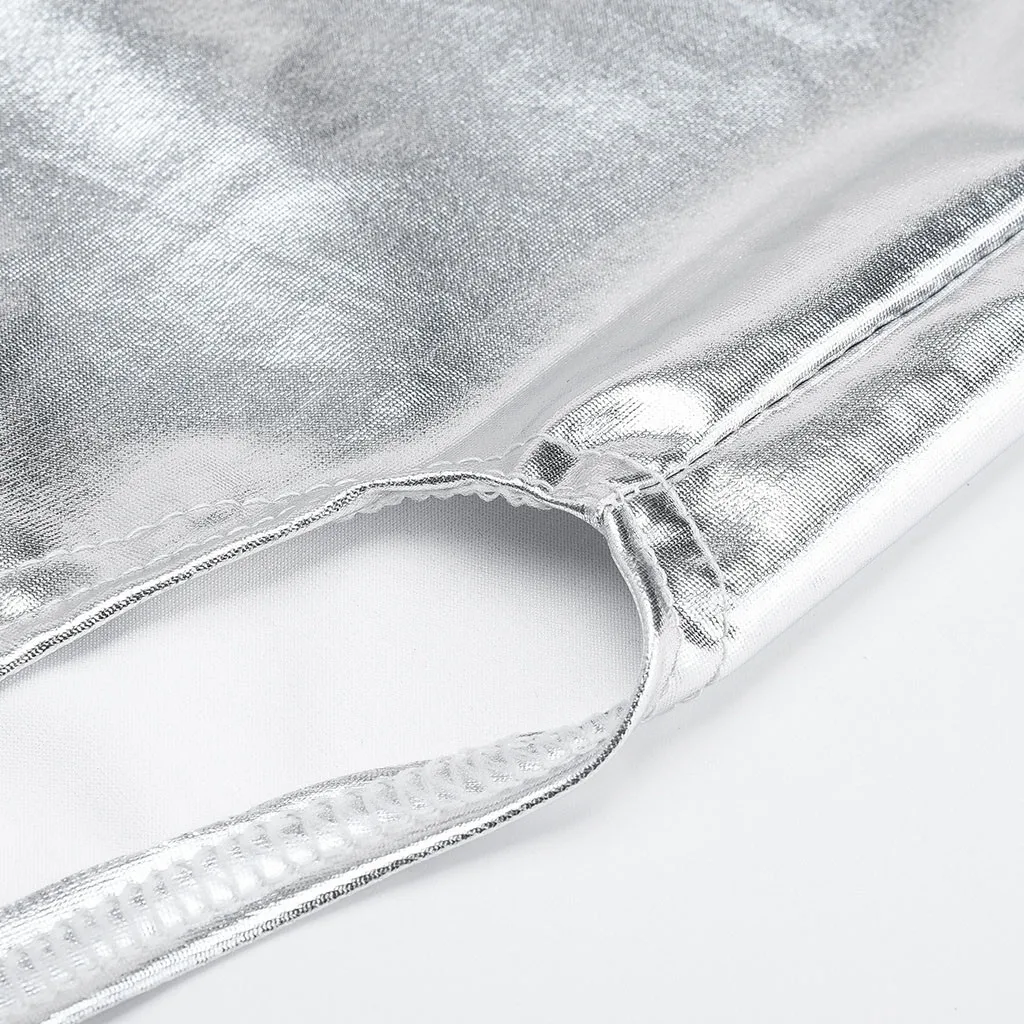 

New Women Fashion Solid Slim Skirt High Waist Push Up Hip Bright Leather Fork Skirt Female Silver Knee Length Pencil Skirts