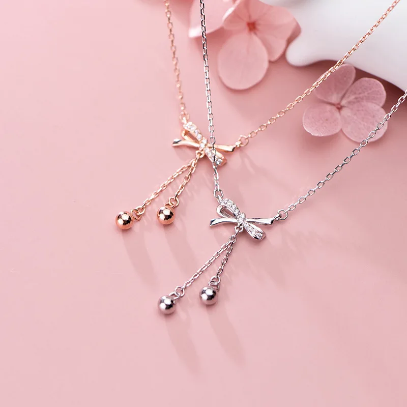 

925 Sterling Silver Tassel Bowknot Charm Necklace Pendant Jewelry Necklace For Women Wedding choker dz239