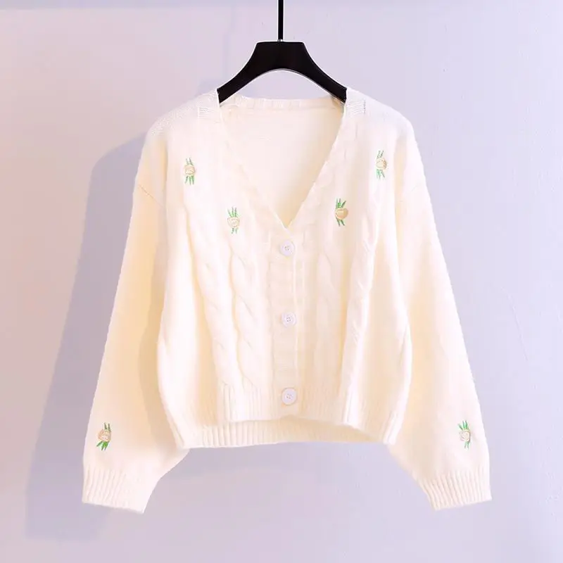 

Embroidered Short Long-sleeved Knitted Cardigan Jacket 2023 Spring And Autumn New Korean Women Loose Fashion Casual V-neck Top