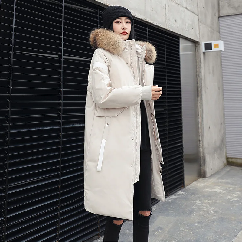 

2020 Winter White Duck Down Jacket Long Men's and Women's Couple Puffer Thickened Fur Collar Coat Korean Parka Big Pockets