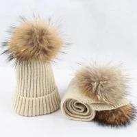 kid hat scarf set winter beanie real raccoon fur pompom wool knit autumn warm skiing outdoor accessory for baby boy girl