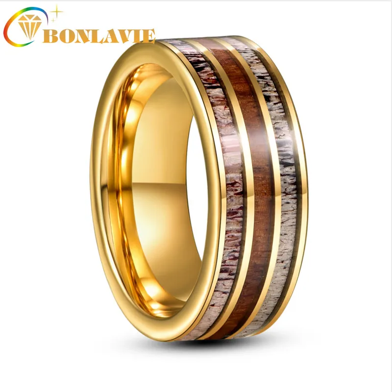 

8mm Electric Gold Inlaid Deer Antler Wood Grain Tungsten Carbide Ring Men's Fashion Wedding Jewelry Gift