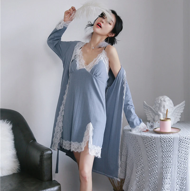 Весенний ночной халат с v образным вырезом сексуальный женский комплект из 2