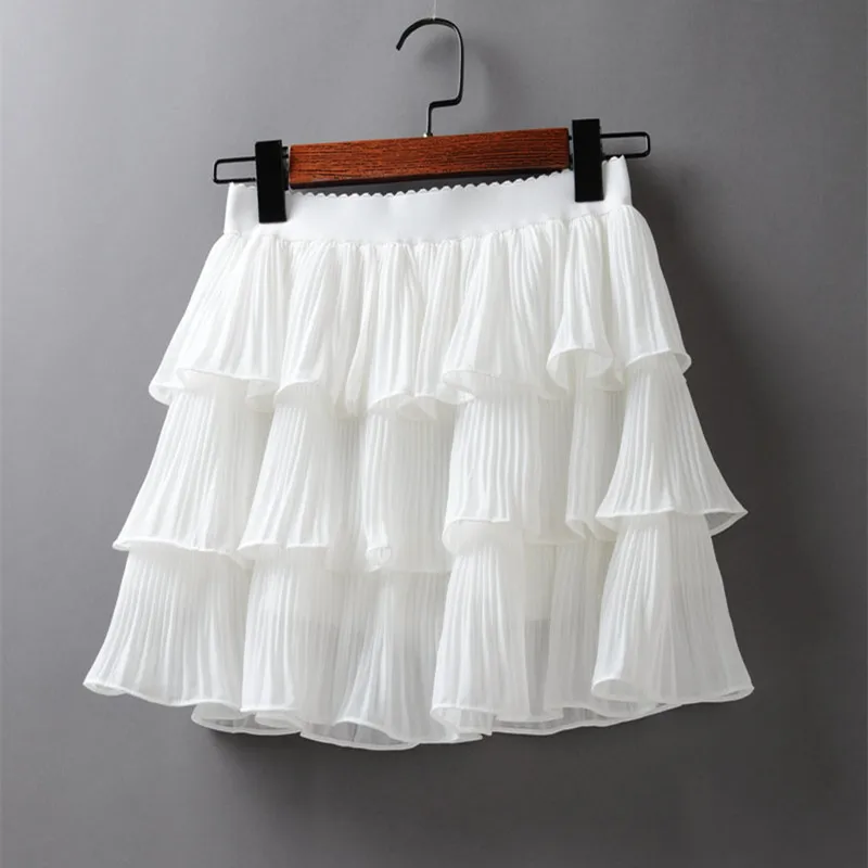 

2021 Summer Women Elasticity Waist Mini Skirt Ladies Chiffon Skirt Ladies Casual Cake Skirts Black White Femme Pleated Skirts