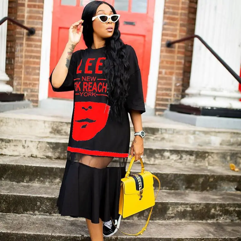 

TNNAOFF Plus Size Mesh Patchwork Maxi Dress for Women Trendy Elegant Aesthetic Print Short Sleeve O-neck Streetwear Club Dresses