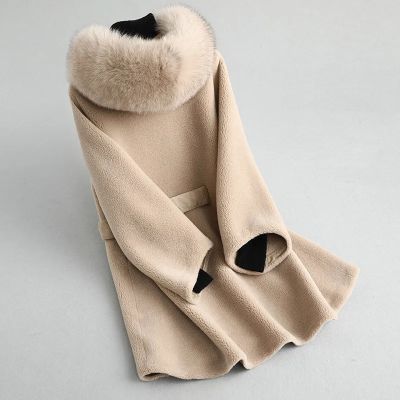 

Real Winter Jacket Women Fox Collar Sheep Shearling Fur Jackets 100% Wool Coat Female Suede Leather MY3848