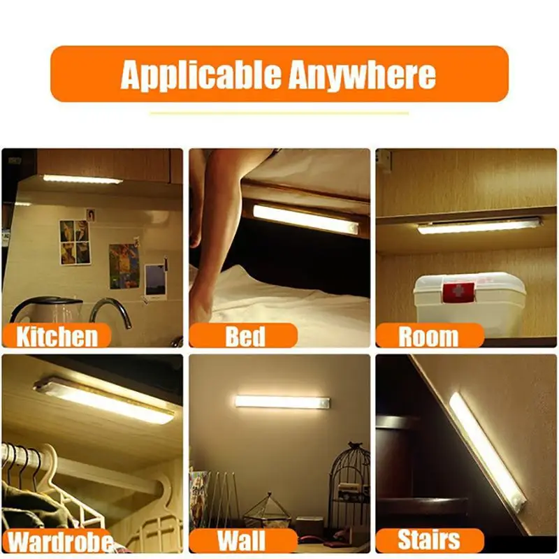 

USB Rechargeable LED Light Under Cabinet Night Motion Sensor Night Light Kitchen Bedroom Lighting Wall Lamp With Magnetic Strip