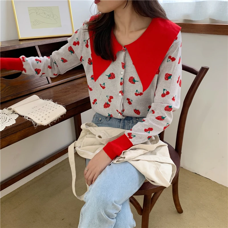 Женский милый свитер с принтом клубника и кардиганы вязаный лоскутный топ