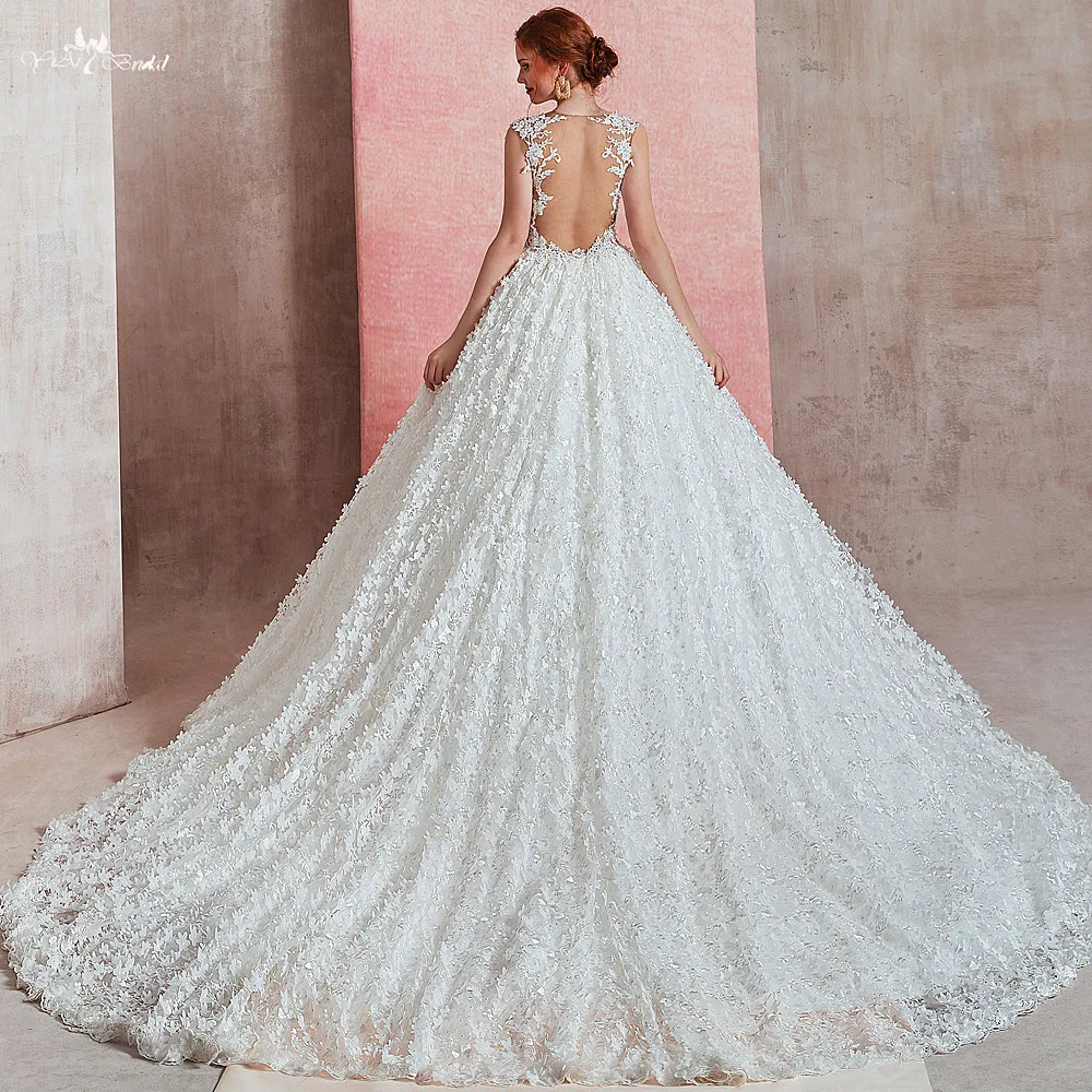 RSW1584 Vestido de Noiva без рукавов кружева 3D Цветы Пышная юбка Сексуальная Иллюзия спина свадебные платья и платья