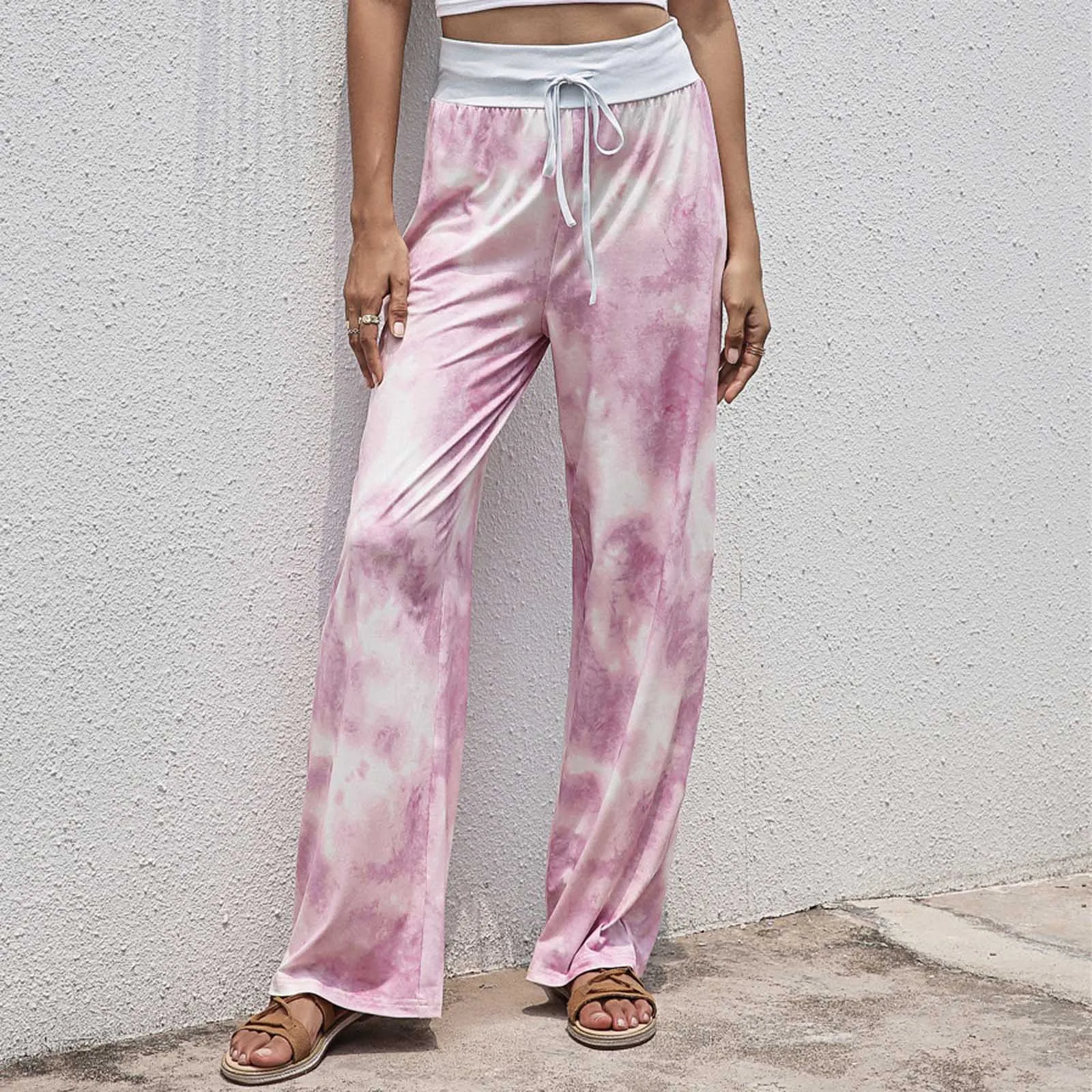 

Summer Womens Pants Casual Elastic High Waist Loose Long Pants Comfy Stretch Printing Drawstring Wide Leg Pants Trousers Femme