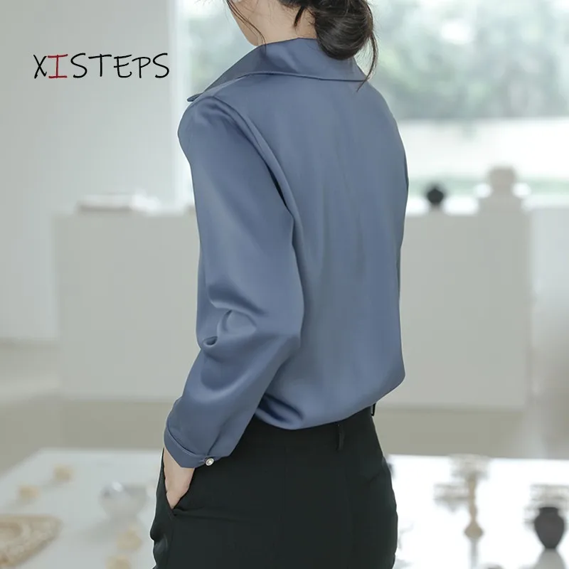 Elegant Satin Blouses For Women 2021 Spring Autumn OL Style Shirts Blue White Ladies Office Work Tops Professional Suit Clothes