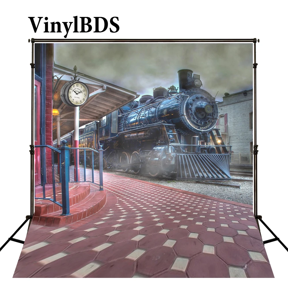 

VinylBDS Outdoor Children Photography Backdrop Kids Train Station Scenery Background Brick Floor Backdrops for Photo Studio