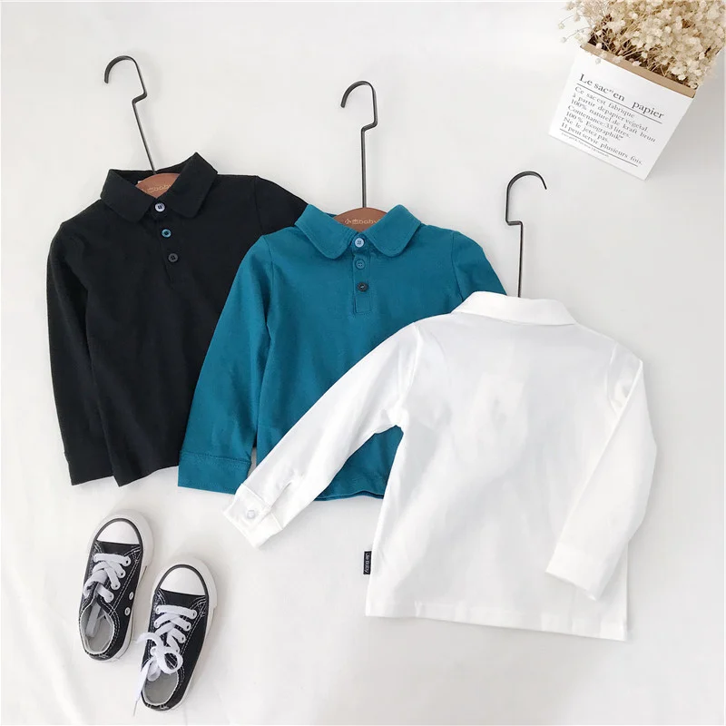 

Autumn Baby Boys Cotton Long Sleeve T-shirt Solid Color Turn Down Collar Kids Boys Clothes Black T-shirt LZ328