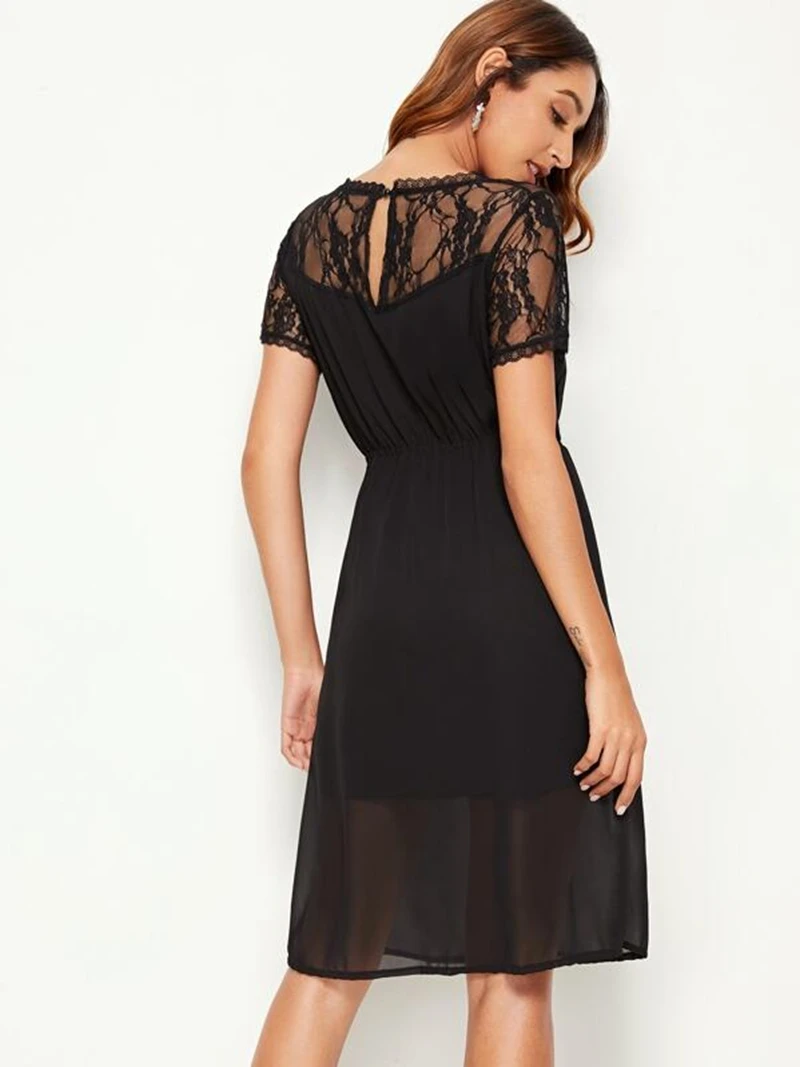 

Lace Button Keyhole Dress Black Women Lady V-Neck Knee-Length