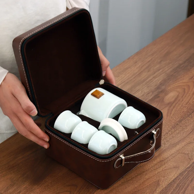 

Lanolin Jade White Chinese Designer Teaware Trend Top Quality Travel Portable One Pot Four Cups Kung Fu Tea Set Business Gifts