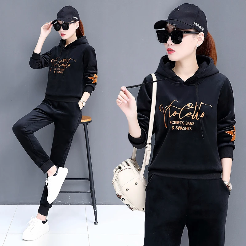 Женский бархатный спортивный костюм теплый пуловер с вышивкой Толстовка и штаны