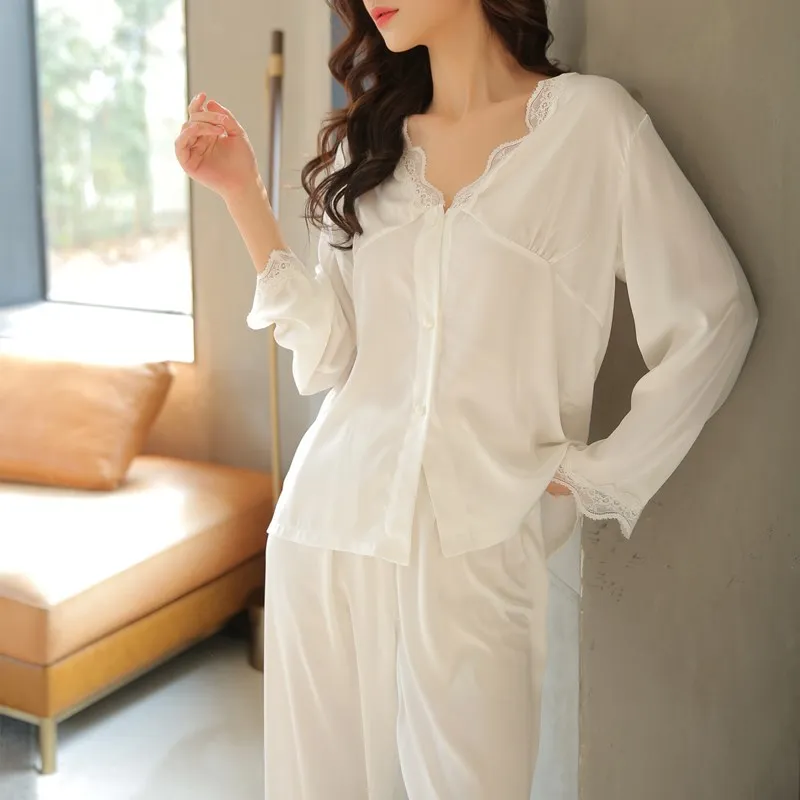 2021 New Spring Autumn Pajamas Women's Long Sleeve Simple Nightwear Suit Casual Thin Silk Home Clothes Female Sleepwear