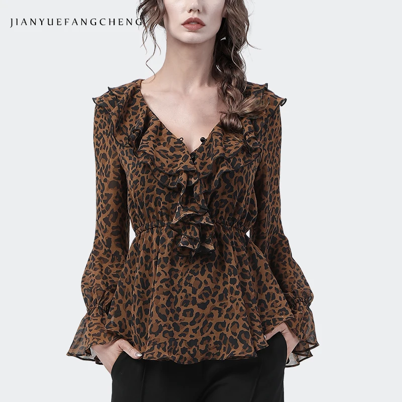 Camicetta in Chiffon marrone leopardo moda donna manica lunga increspato scollo a v tunica Top elegante camicia in vita elasticizzata sottile 2021 autunno nuovo