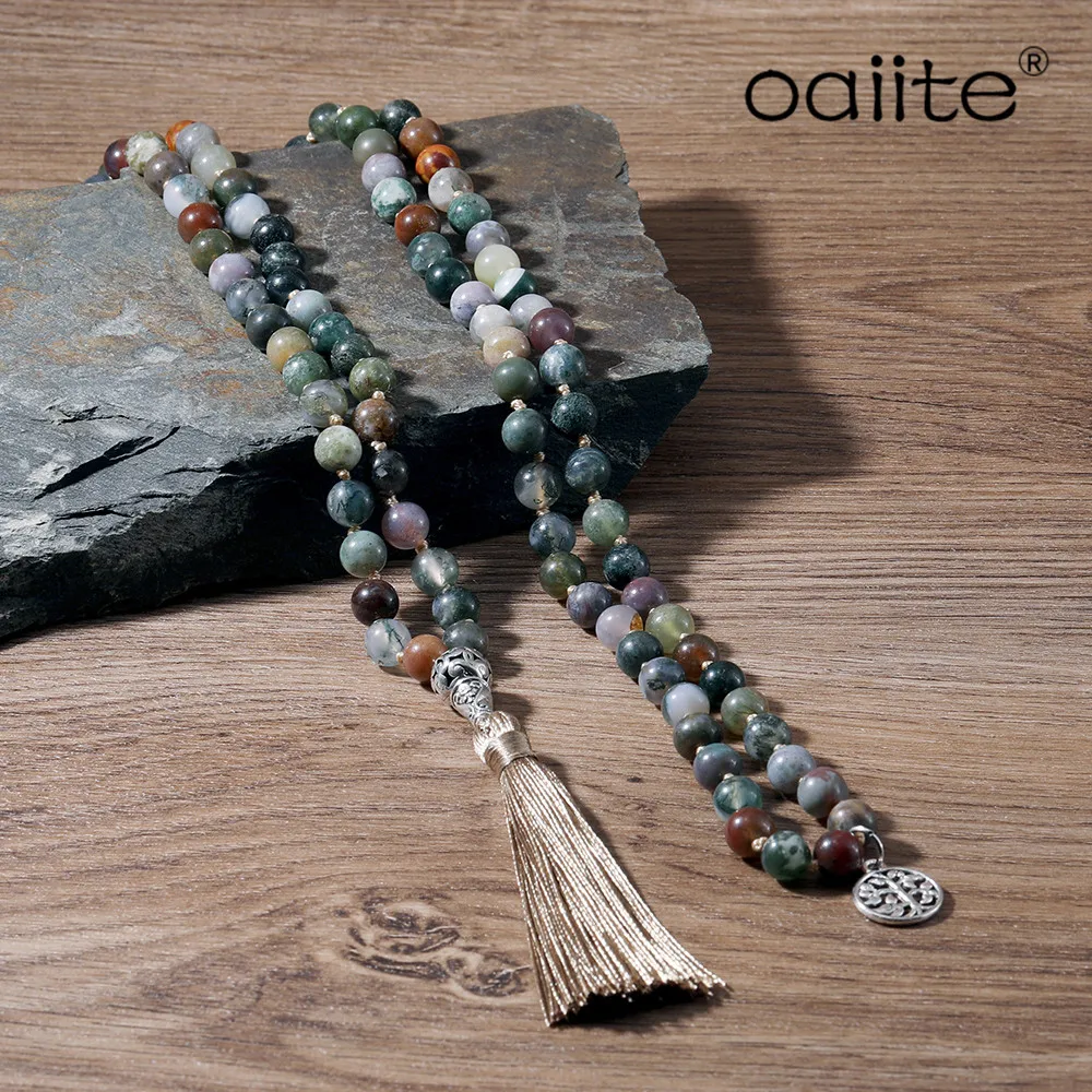 OAIITE 108 Mala Necklace with 8mm Beads Yoga Natural Stone Japa Prayer Meditation Beaded Tassel | Украшения и аксессуары