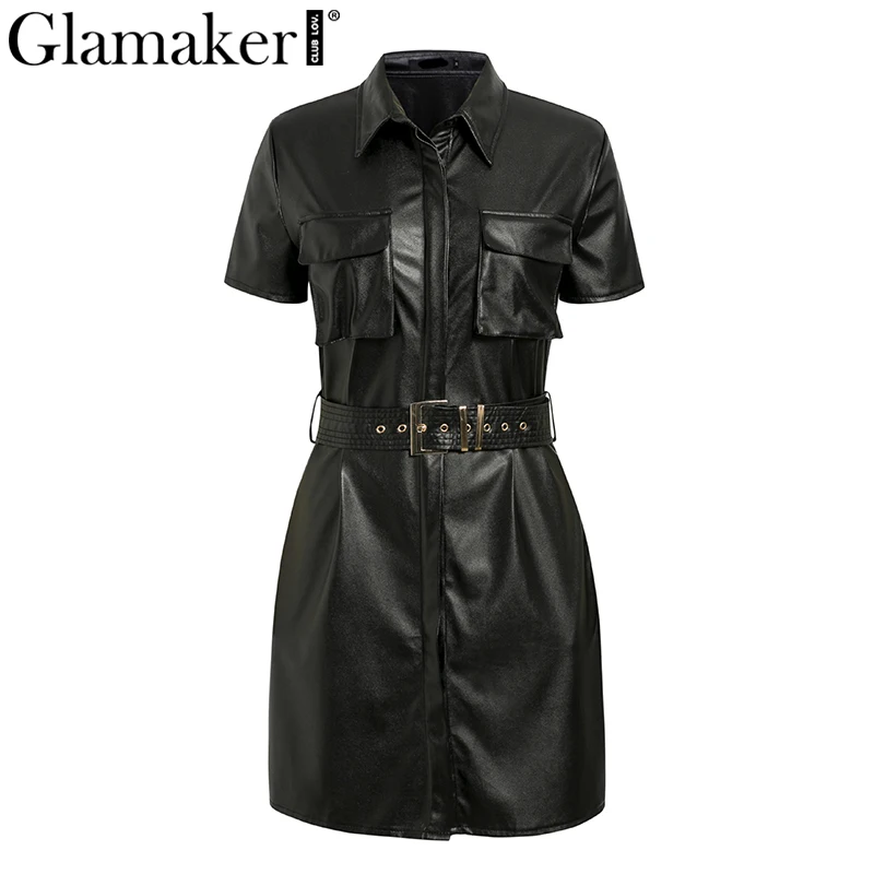 Женское офисное платье Glamaker черное из искусственной кожи с карманами и коротким