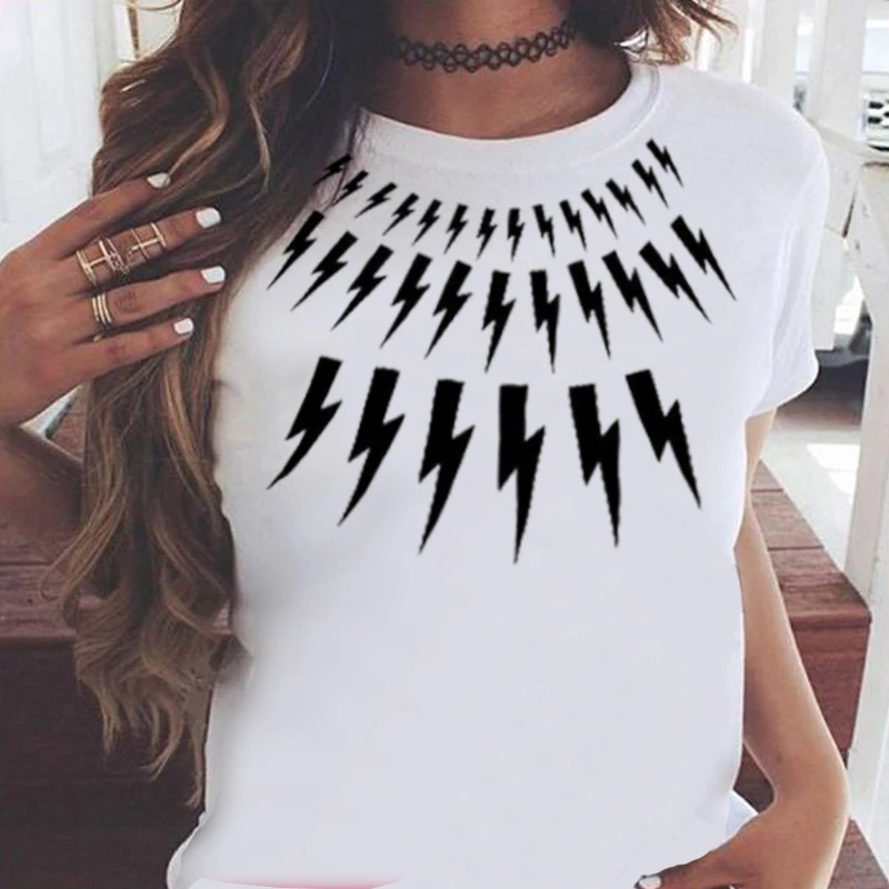 

Lightning Pattern Graphic Tee Short Sleeve Women Summer Plus Size Regular Girls O-Neck T-shirt S-XXXL Black Tops XXL