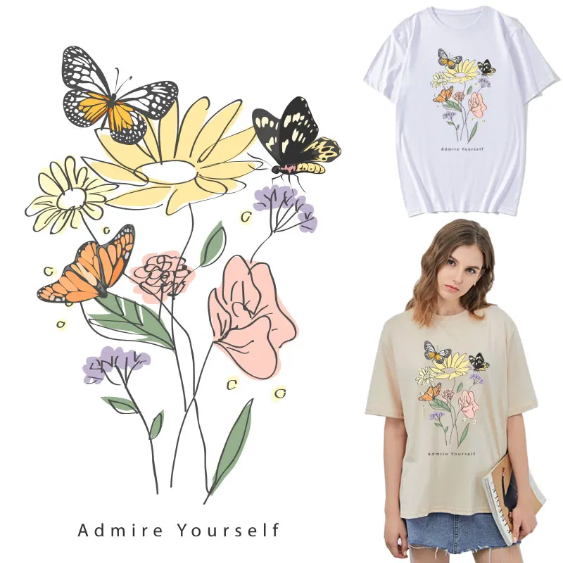 

Hand Draw Butterfly Flower Iron-On Transfers Heat Transfer Diy Vinyl Fashion Tops Appliqued Patch For Clothes Thermal Stickers