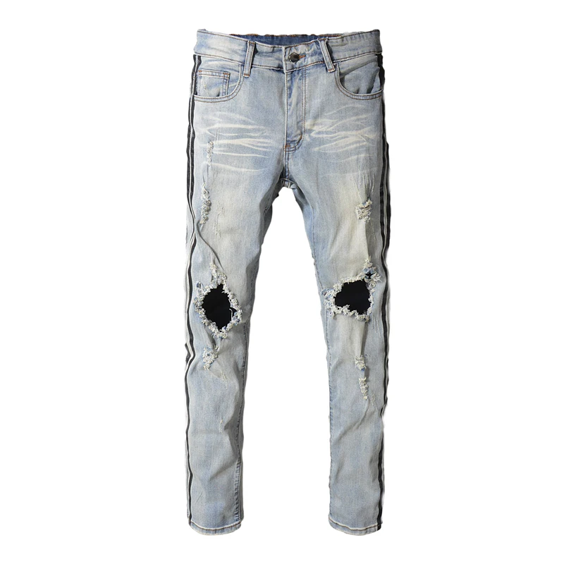 

New men's male trousers Summer slim fit jeans knee holes beggar denim pants light-colored social guy pants