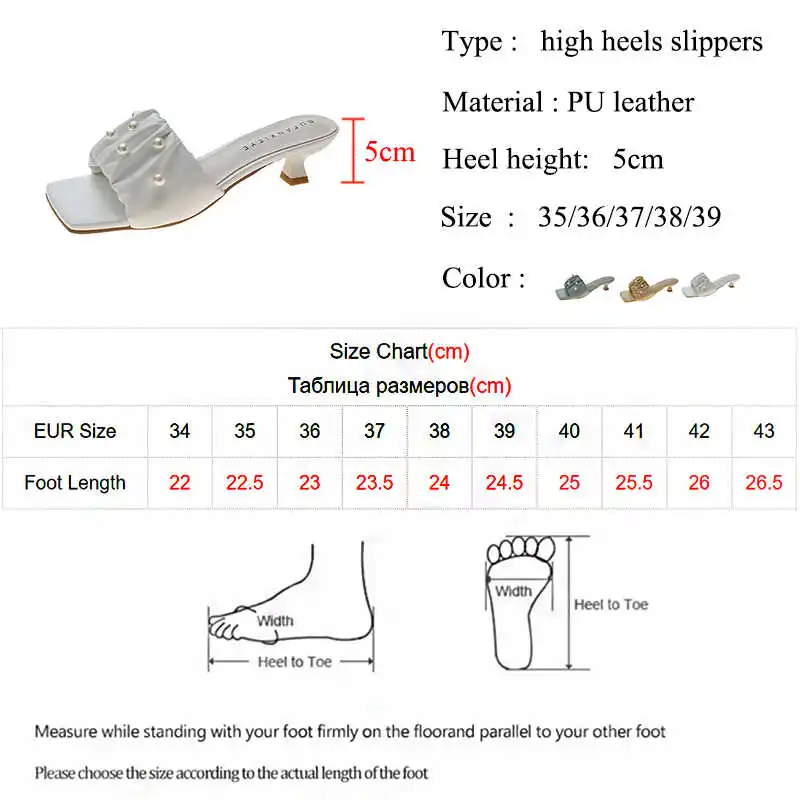 

Summer Pearl Square Toe Ladies Slides Casual Thin Heels Women Slippers PU Leather Pleated Outdoor Beach Sandals Woman