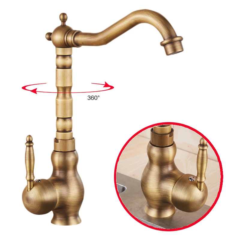 360 Вращение одной ручкой смеситель античная латунь ванная раковина резной