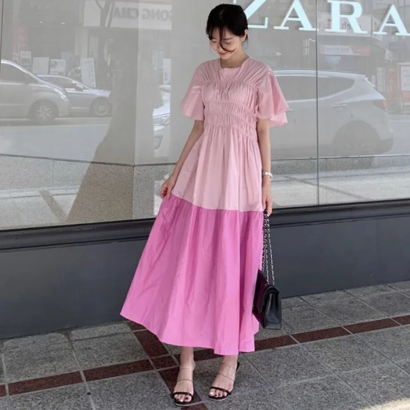 Женское плиссированное платье [EWQ] корейское с круглым вырезом и расклешенными