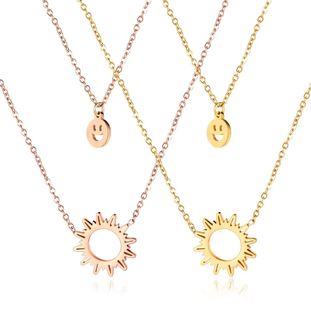 

cute sun Smiley layered stainless steel necklaces for women kpop bff rose gold pendant bijoux collares mujer moda 2020 wholesale