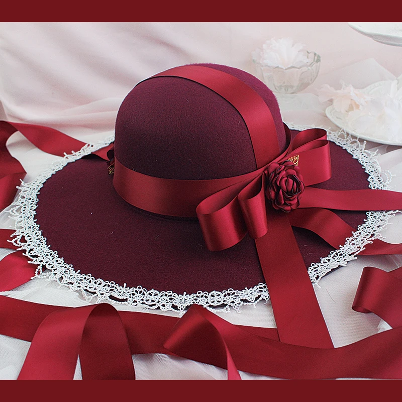 

Original Design French Grace Wine Red Lolita Maiden Wide Brim Hat Tea Party Gorgeous Lace Bow Flower Flat Cap Headwear Top Hat