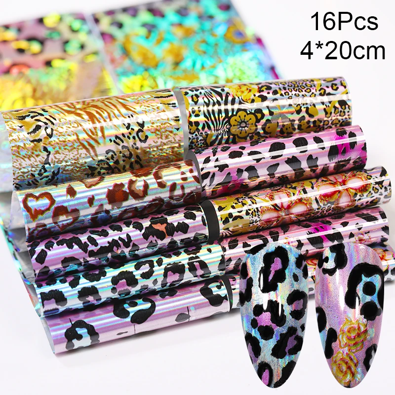 

16pcs Leopard Print Nail Foil Sticker Animal Grain Design Decals Set Mixed Flowers Transfer Stickers Nail Slider Decoration Tips