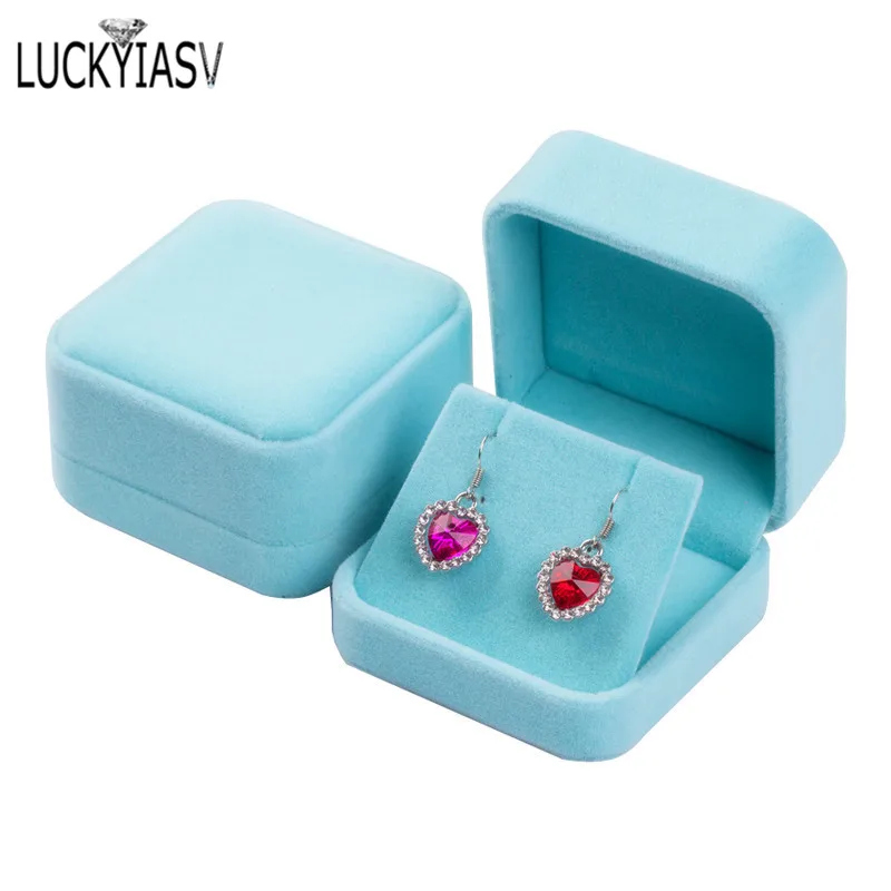 Light Blue Откидная крышка коробки для хранения ювелирных изделий серьги кулон коробка для ювелирных изделий Бархатный Чехол для сережек пластиковая коробка 7*7*4 см - Цвет: Light Blue