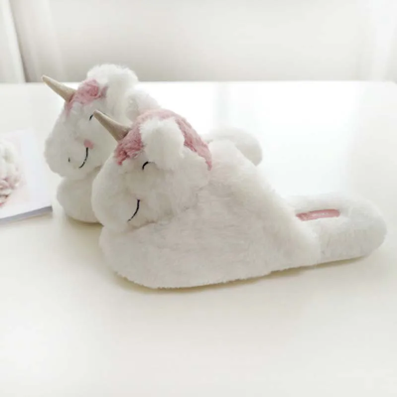 Product Three-dimensional unicorn plush slippers head winter warm cotton slippers Indoor silent non-slip home slippers