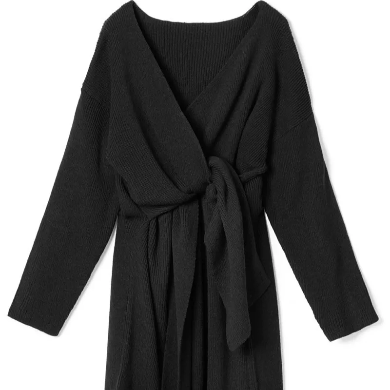 

2020 Autumn Winter New Solid Color V-neck Cross Strap Temperament Slimming Leisure Fashion Versatile Knitted Long Dress Women
