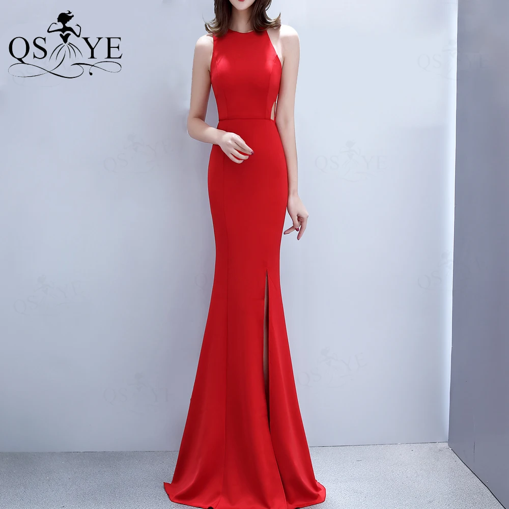 

Simple Red Evening Dress Stretch Long Party Gown Halter Neck Formal Gown Hollow out Waist Split Women Prom Dress Red Sleeveless